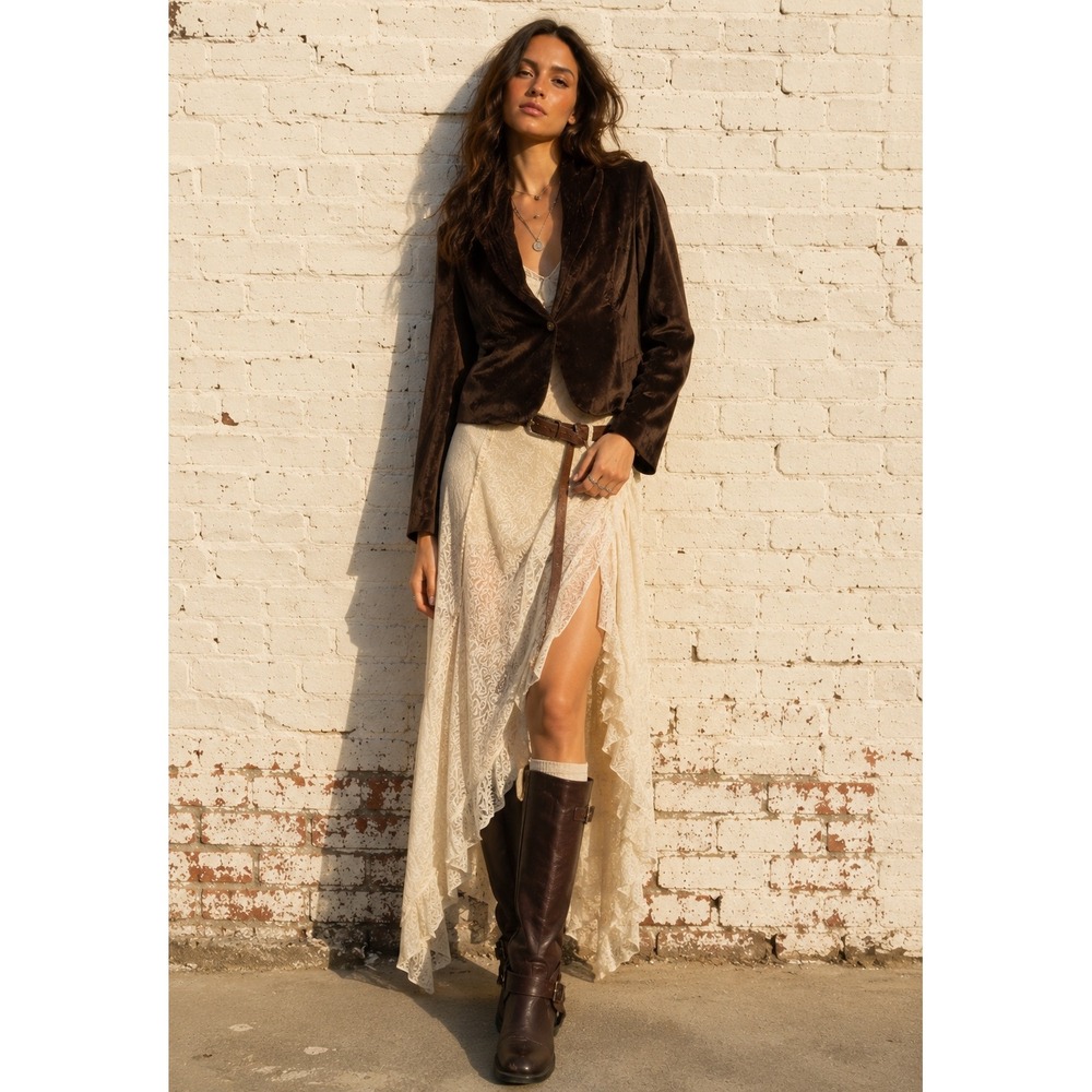 Vintage Brown Velvet Cropped Blazer Jacket 90s Minimalist Dark Academia Size 6